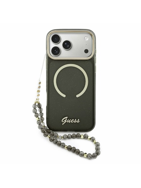 Guess Guess IML Glitter Script Strap MagSafe Задний калъф за iPhone 17 Pro Max Black