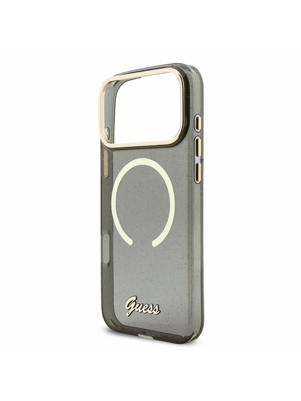 Guess Guess IML Glitter Script Strap MagSafe Задний калъф за iPhone 17 Pro Max Black