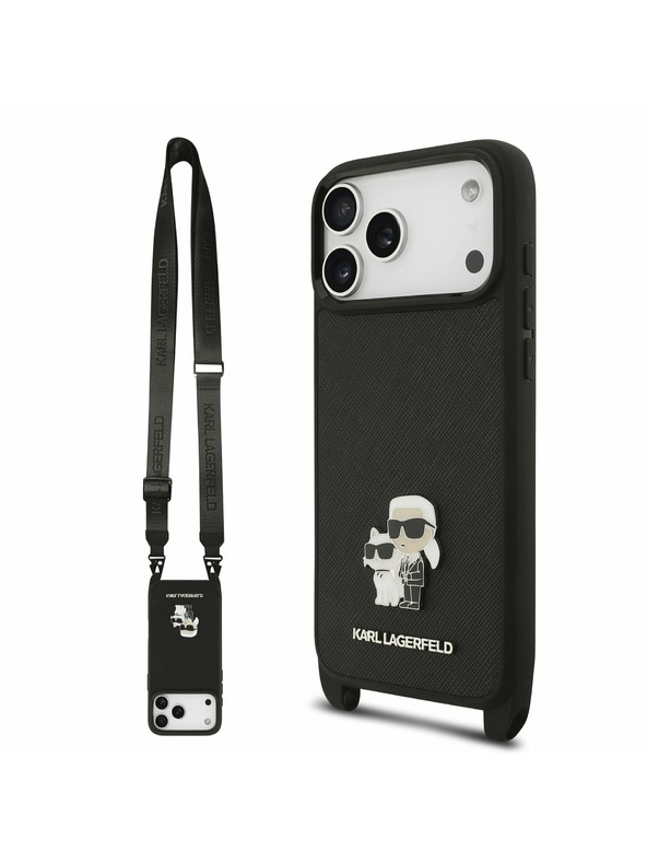 Karl Lagerfeld Karl Lagerfeld Saffiano Crossbody Ремък Metal Karl and Choupette Задний Чехол за iPhone 17 Pro Max Black
