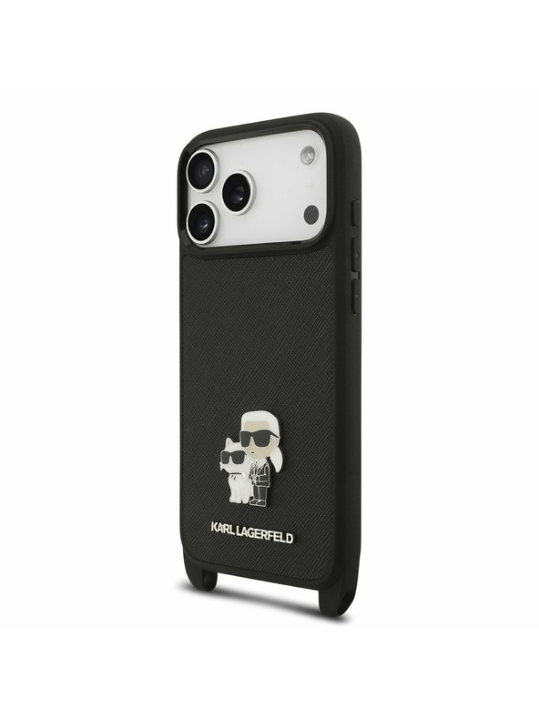 Karl Lagerfeld Karl Lagerfeld Saffiano Crossbody Ремък Metal Karl and Choupette Задний Чехол за iPhone 17 Pro Max Black