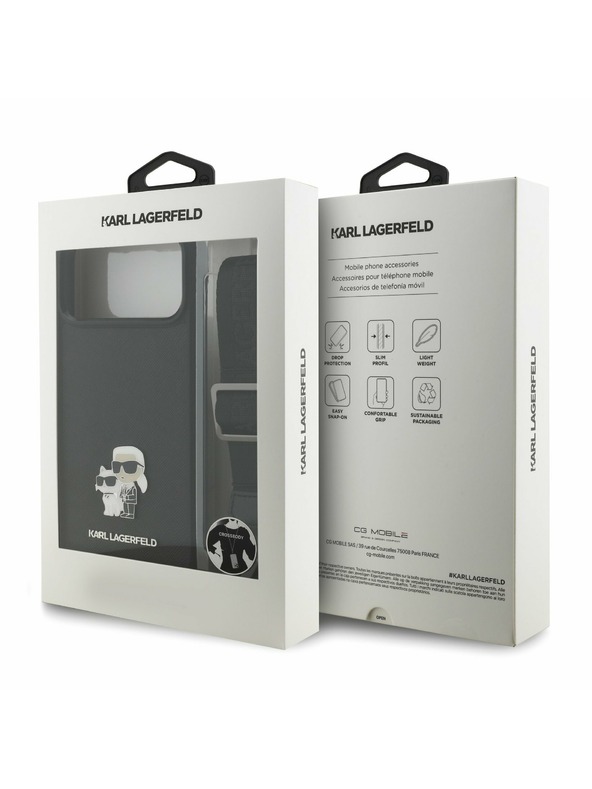 Karl Lagerfeld Karl Lagerfeld Saffiano Crossbody Ремък Metal Karl and Choupette Задний Чехол за iPhone 17 Pro Max Black