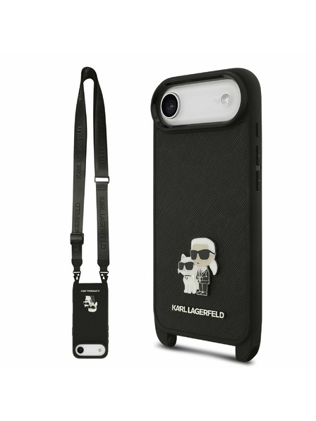 Karl Lagerfeld Karl Lagerfeld Saffiano Crossbody Ремък Metal Karl and Choupette Задна Корица за iPhone Air Black
