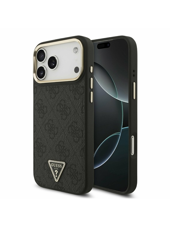 Guess Guess PU Leather 4G Strass Triangle Logo Gold Frame MagSafe Задний чехол для iPhone 17 Pro Max Black