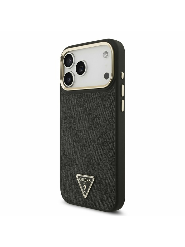 Guess Guess PU Leather 4G Strass Triangle Logo Gold Frame MagSafe Задний чехол для iPhone 17 Pro Max Black