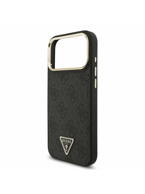 Guess Guess PU Leather 4G Strass Triangle Logo Gold Frame MagSafe Задний чехол для iPhone 17 Pro Max Black