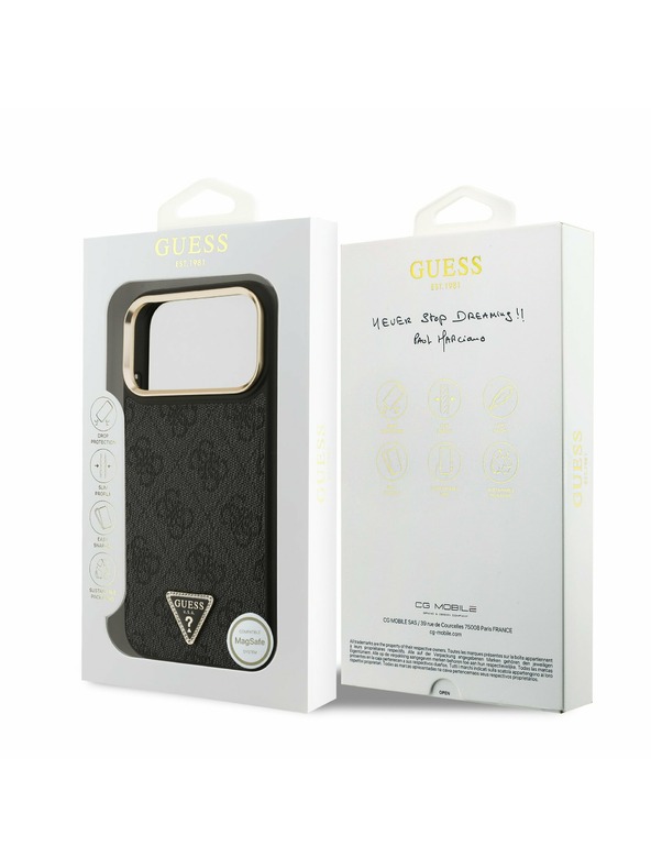 Guess Guess PU Leather 4G Strass Triangle Logo Gold Frame MagSafe Задний чехол для iPhone 17 Pro Max Black