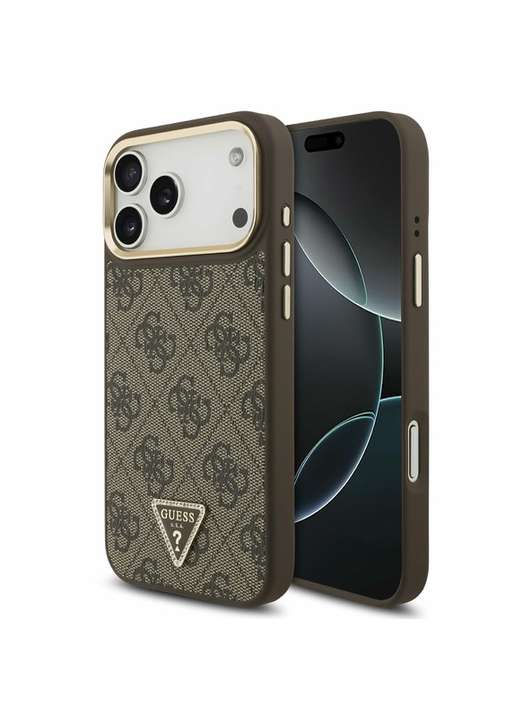 Guess Guess PU Leather 4G Strass Triangle Logo Gold Frame MagSafe Задний чехол для iPhone 17 Pro Max Brown