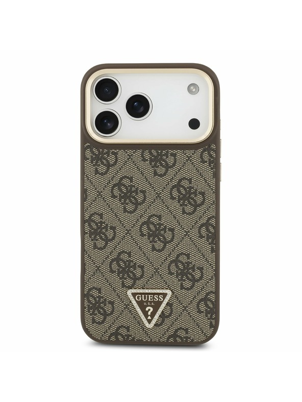 Guess Guess PU Leather 4G Strass Triangle Logo Gold Frame MagSafe Задний чехол для iPhone 17 Pro Max Brown