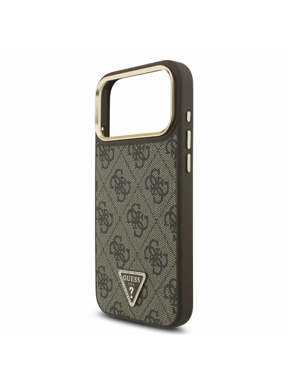 Guess Guess PU Leather 4G Strass Triangle Logo Gold Frame MagSafe Задний чехол для iPhone 17 Pro Max Brown