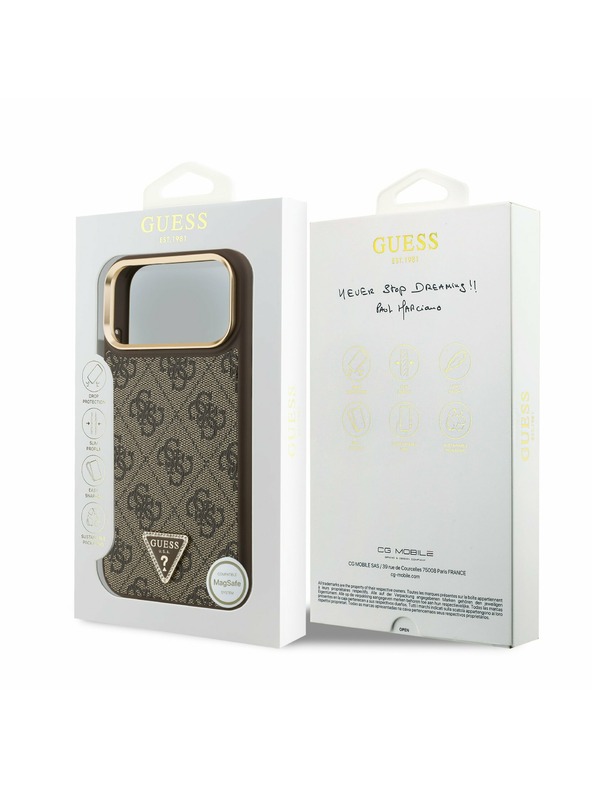 Guess Guess PU Leather 4G Strass Triangle Logo Gold Frame MagSafe Задний чехол для iPhone 17 Pro Max Brown