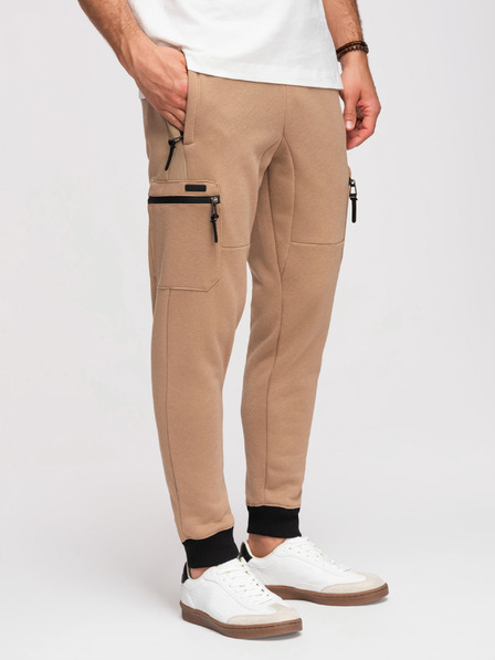 Ombre Clothing Мъжки спортни панталони JOGGER с джобове на бедрата и контрастни вложки - светлокафява V4 OM-PASK-0222 Ombre Clothing