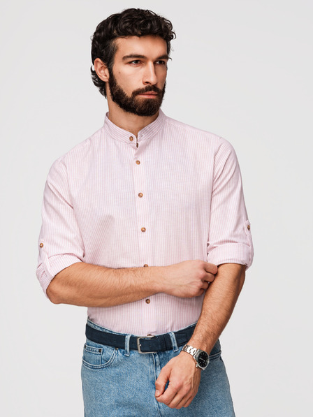Ombre Clothing Мъжка раирана ленена риза със стойче - бяла и розова V3 OM-SHCS-0189 Ombre Clothing