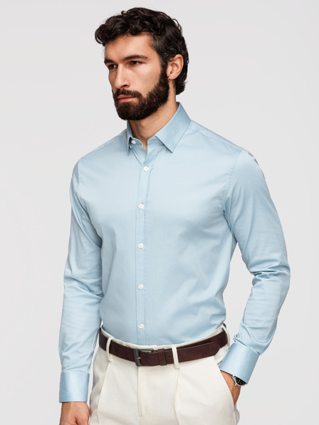 Ombre Clothing Класическа мъжка риза SLIM FIT от сатенирана тъкан - синя V2 OM-SHOS-0211 Ombre Clothing