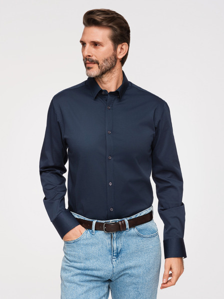 Ombre Clothing Класическа мъжка риза SLIM FIT от сатенирана тъкан - тъмносиня V3 OM-SHOS-0211 Ombre Clothing