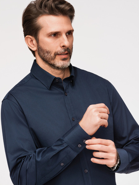Ombre Clothing Класическа мъжка риза SLIM FIT от сатенирана тъкан - тъмносиня V3 OM-SHOS-0211 Ombre Clothing