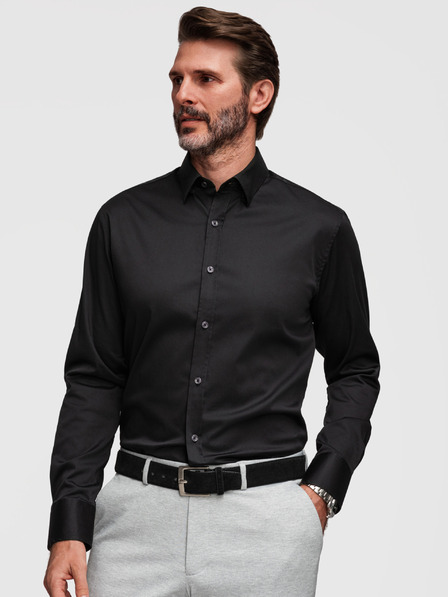 Ombre Clothing Класическа мъжка риза SLIM FIT от сатенирана тъкан - черна V4 OM-SHOS-0211 Ombre Clothing