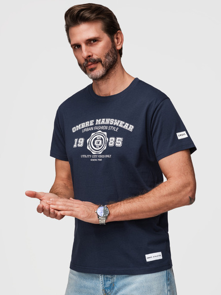 Ombre Clothing Мъжка памучна тениска с принт в университетски стил - тъмно синьо V3 OM-TSPT-0269 Ombre Clothing