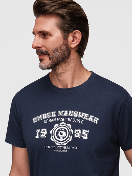 Ombre Clothing Мъжка памучна тениска с принт в университетски стил - тъмно синьо V3 OM-TSPT-0269 Ombre Clothing