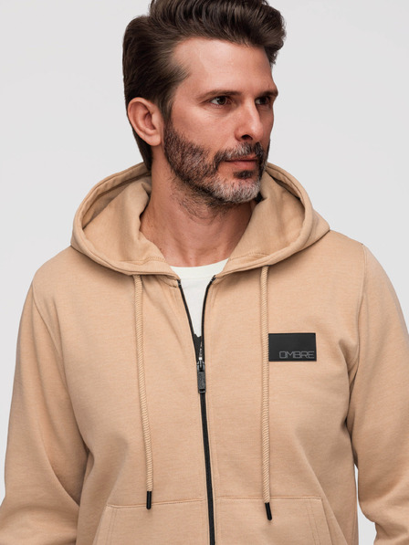 Ombre Clothing Мъжки суитшърт със цип с качулка и апликация - пясък V2 OM-SSZP-0256 Ombre Clothing