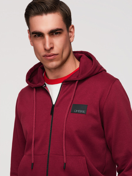 Ombre Clothing Мъжки суитшърт без копчета с качулка и апликация - червен V3 OM-SSZP-0256 Ombre Clothing