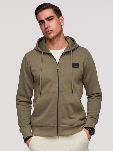 Ombre Clothing Мъжки суитшърт без копчета с качулка и апликация - маслинен V4 OM-SSZP-0256 Ombre Clothing