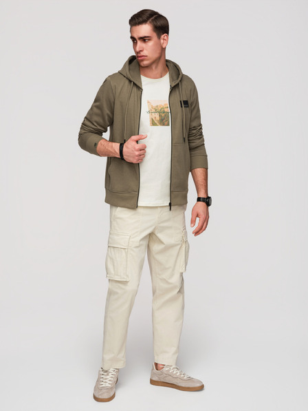 Ombre Clothing Мъжки суитшърт без копчета с качулка и апликация - маслинен V4 OM-SSZP-0256 Ombre Clothing