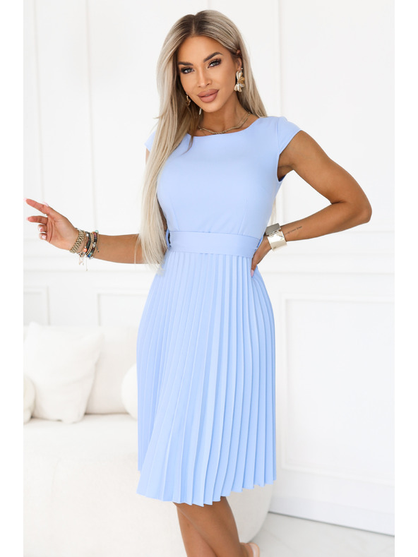 numoco LILA Classic pleated dress with short sleeves and belt - light blue