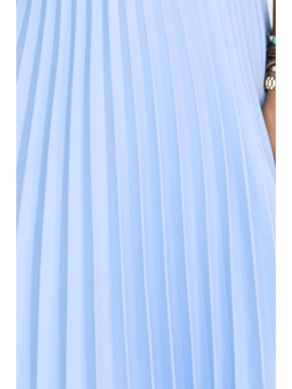 numoco LILA Classic pleated dress with short sleeves and belt - light blue