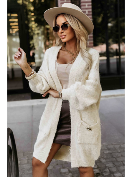 numoco basic Модерен oversized кардиган с декоративна брошка и практични джобове - бежов