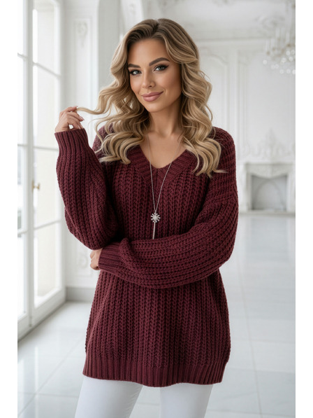 numoco basic Топъл oversized пуловер с плътна тъкан и V деколте - винен