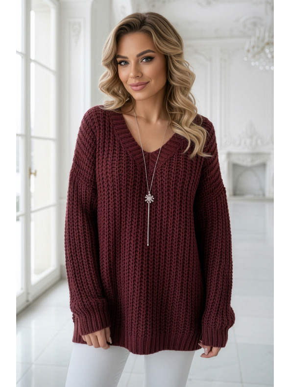numoco basic Топъл oversized пуловер с плътна тъкан и V деколте - винен