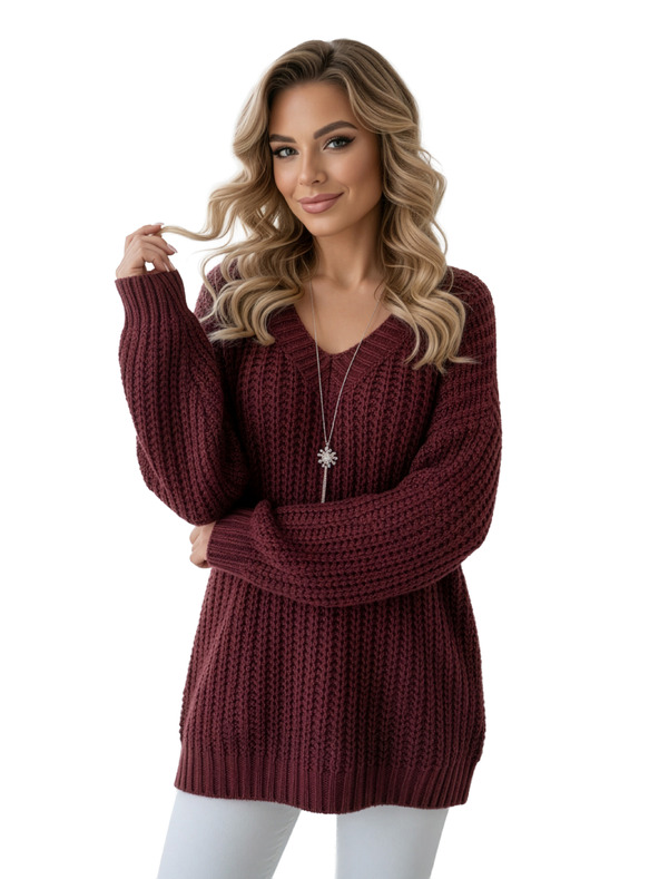 numoco basic Топъл oversized пуловер с плътна тъкан и V деколте - винен