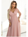 numoco basic Дълги макси рокли с тюлени ръкави и пресечено деколте - пудра розово