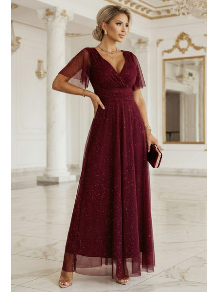 numoco basic MELANIA дълга блестяща рокля с деколте и къси ръкави - винена
