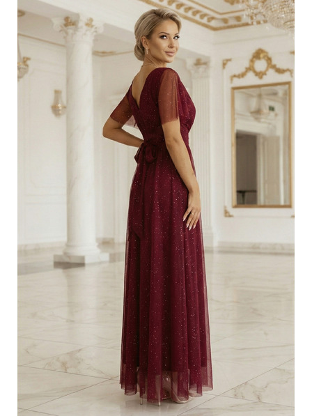 numoco basic MELANIA дълга блестяща рокля с деколте и къси ръкави - винена