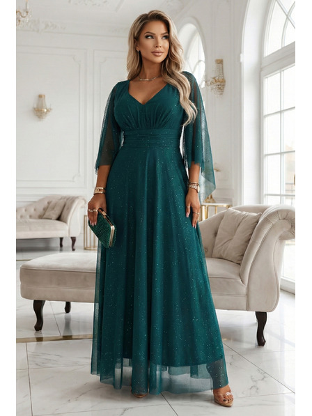 numoco Long glittery dress with deep neckline and sheer sleeves - Emerald green