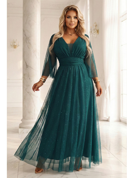 numoco Long glittery plus size dress with round neckline and sheer sleeves - Bottle green
