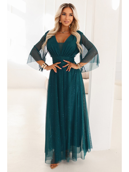 numoco Long glittery plus size dress with round neckline and sheer sleeves - Bottle green