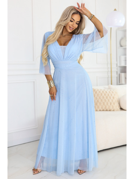 numoco Long glossy plus size dress with neckline and sheer sleeves - Light blue