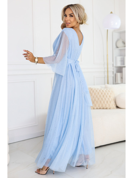 numoco Long glossy plus size dress with neckline and sheer sleeves - Light blue