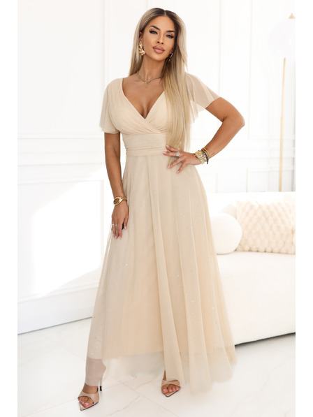 numoco MELANIA Long glossy wedding dress with neckline and short sleeves - Beige