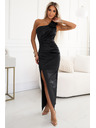 numoco AURORA Long satin one-shoulder dress with roses - Black