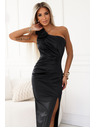 numoco AURORA Long satin one-shoulder dress with roses - Black