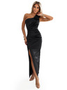 numoco AURORA Long satin one-shoulder dress with roses - Black