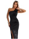 numoco AURORA Long satin one-shoulder dress with roses - Black