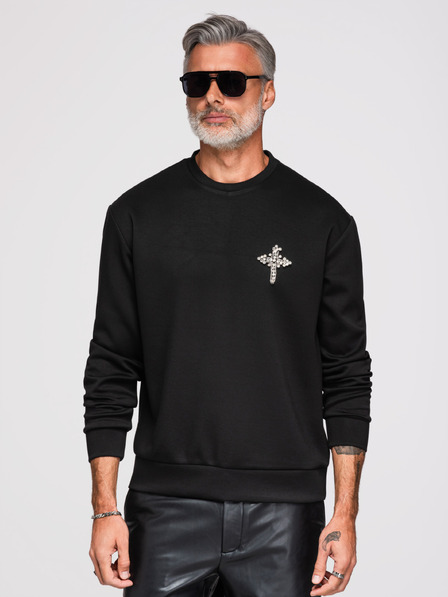 Ombre Clothing Мъжки суитшърт с аплика кръст и сребърен камък и кръгло деколте - черен V1 OM-SSNZ-0271 Ombre Clothing