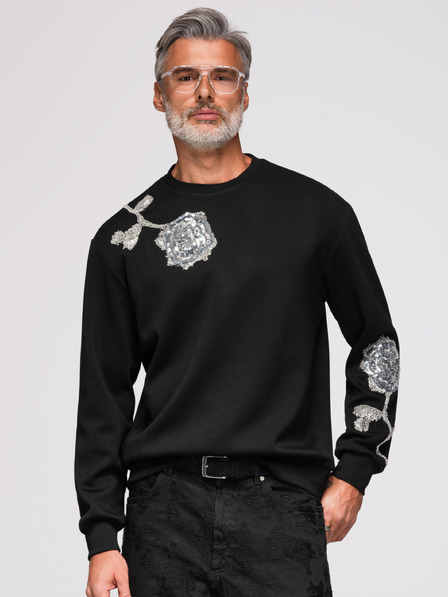 Ombre Clothing Мъжки суитшърт с аплики розички от сребърни пайети и мъниста с кръгло деколте - черен V1 OM-SSNZ-0272 Ombre Clothing
