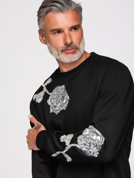 Ombre Clothing Мъжки суитшърт с аплики розички от сребърни пайети и мъниста с кръгло деколте - черен V1 OM-SSNZ-0272 Ombre Clothing