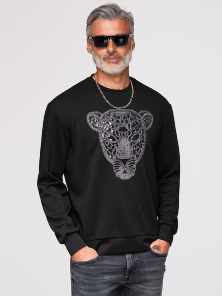 Ombre Clothing Мъжки суитшърт със сребърна и черна аплика пантера на гръдта с кръгло деколте - черен V1 OM-SSNZ-0273 Ombre Clothing