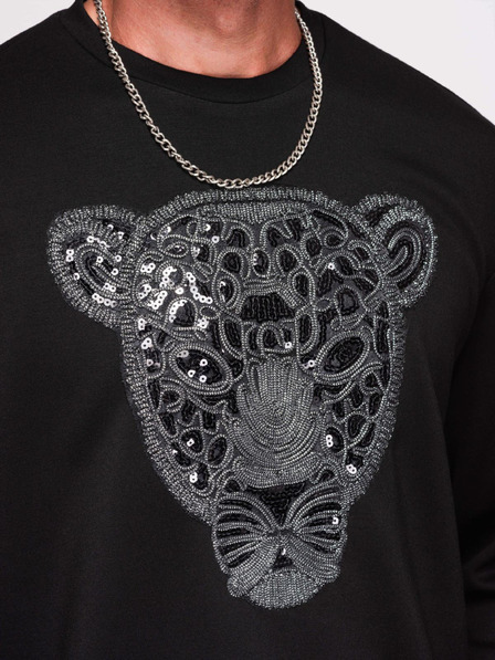 Ombre Clothing Мъжки суитшърт със сребърна и черна аплика пантера на гръдта с кръгло деколте - черен V1 OM-SSNZ-0273 Ombre Clothing